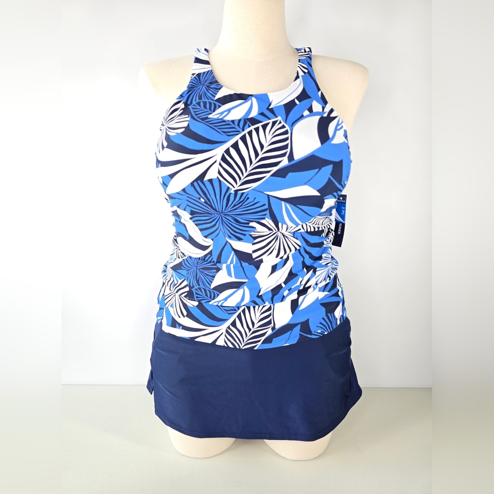Nautica Blue Tropical Tummy Control Tankini Top & Skirted Bottom Set Size L NWT